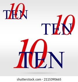 Geschachtelte Zahlen und Wortreihen: Zehn; Zahl und Wortlogo für die Zahl. Zehn Buchstaben mit zehnstelligen Logodesigns. Anzahl und Name Typografie.  Text-Logo-Studien für alle Zahlen.