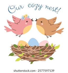 Nesting birds, couple, eggs, vector illustration. Nesting party. Easter holidays. Spring, leaves, cozy nest. Flat vector style