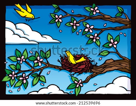 Nesting Birds. Illustration of two yellow birds building a nest.