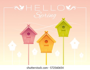 Nesting box birdhouse spring landscape vector illustration. Sunny sky view. Text lettering flat logo with flying starling birds. Sunset nature cute elegant cartoon poster frame.