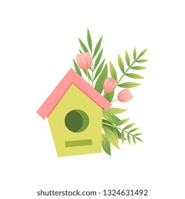 Nesting Box and Bouquet of Flowers, Hello Spring Floral Design Template Vector Illustration