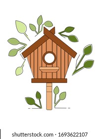 Nesting box on wooden pole wooden birdhouse flat vector illustration on white background with green leaves