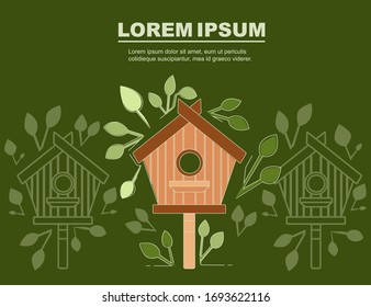 Caja de nidificación sobre el cemento de madera de palo de madera ilustración plana vectorial sobre fondo verde con hojas verdes anuncio de diseño pancarta de volante