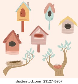 Nesting boxes birdhouse hand drawn set