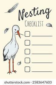 Nesting checklist. Nesting party planner. Bright vector illustration of a stork and feathers. Template for children's parties, poster, children's book, banner, sticker