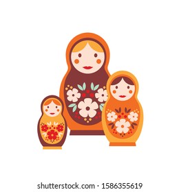 Nesting doll flat vector illustration. Colorful matrioshka, isolated on white background. Wooden dolls of decreasing size placed one inside another. Russian traditional toy for children.