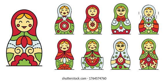 Nesting doll icons set. Outline set of nesting doll vector icons thin line color flat isolated on white