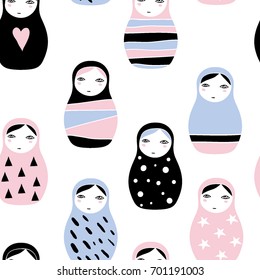 Nesting doll. Matreshka, Russian doll with heart, dots and triangles. Seamless pattern with cute cartoon traditional wooden toys. Minimalistic geometric ornaments. Kids theme