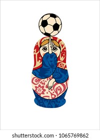 Nesting doll (matryoshka) with a ball plays football. 