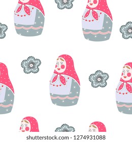 Nesting doll seamless pattern. Matryoshka, Russian doll with doodle floral ornaments