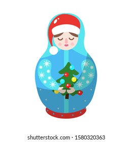 Nesting doll in winter style with Christmas tree. Vector illustration in flat cartoon style