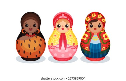 Nesting Dolls in Colorful Costumes of Different Countries Vector Set