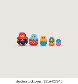 Nesting dolls pixel art icons, russian matryoshka, souvenir, traditional symbol of Russia, design for sticker, logo shop, mobile app. Isolated vector illustration. Game assets 8-bit sprite.