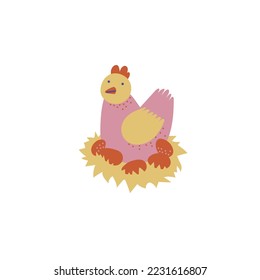 Nesting hen with eggs illustration. Colorful flat chicken clipart, isolated on white background.