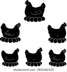 Nesting hens and brooding chickens vector silhouette set