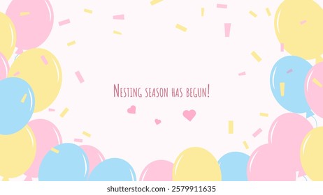 Nesting party banner honor of expectant parents. Colored balloons blue pink yellow. Website poster design in pastel colors. Vector illustration.