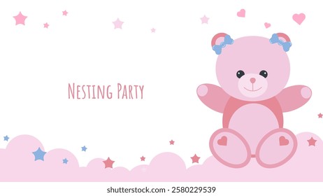 Nesting party banner honor of expectant parents. Pink teddy bear on cloud. Website poster design in pastel colors. Vector illustration.