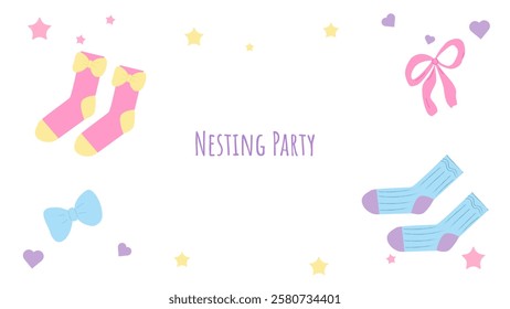 Nesting party banner honor of expectant parents. Socks and bows for boys and girls. Website poster design in pastel colors. Vector illustration.