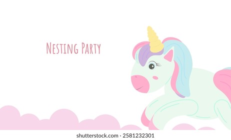 Nesting party banner honor of expectant parents. Unicorn on pink clouds. Website poster design in pastel colors. Vector illustration.