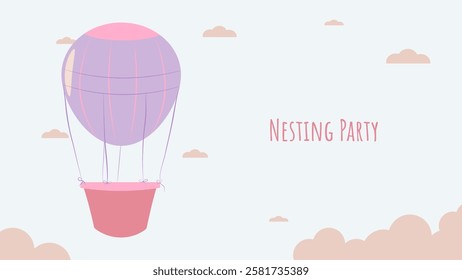 Nesting party banner honor of expectant parents. Balloon in clouds. Website poster design in pastel colors. Vector illustration.