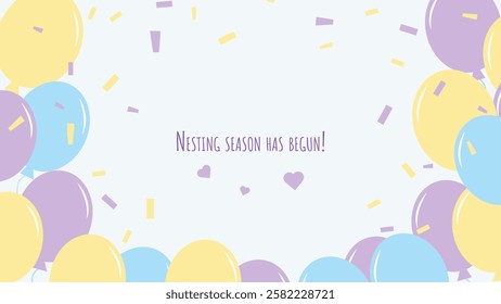 Nesting party banner honor of expectant parents. Colored balloons blue purple and yellow. Website poster design in pastel colors. Vector illustration.