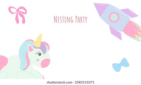 Nesting party banner honor of expectant parents. Unicorn and rocket. Website poster design in pastel colors. Vector illustration.