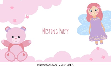 Nesting party banner honor of expectant parents. Fairy and pink teddy bear. Website poster design in pastel colors. Vector illustration.