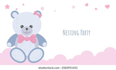 Nesting party banner honor of expectant parents. Blue bear cub in clouds. Website poster design in pastel colors. Vector illustration.