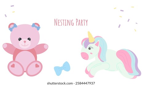 Nesting party banner honor of expectant parents. Pink bear and unicorn. Website poster design in pastel colors. Vector illustration.