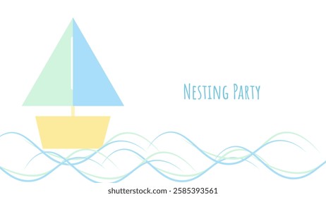 Nesting party banner honor of expectant parents. Boat on waves. Website poster design in pastel colors. Vector illustration.