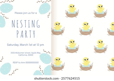 Nesting Party holiday Banner template design. Adorable Whimsical Nesting Party poster cover template. Pastel color vector illustration for crad flyer background EPS 10