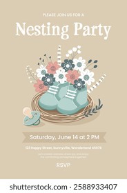 Nesting Party Invitation. Baby booties and pacifier in floral arrangement on soft beige background. Vector illustration.