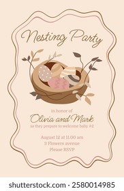 Nesting party invitation with a basket of eggs and a bird. The invitation is for a baby shower and is for August 12th at 11:00 am