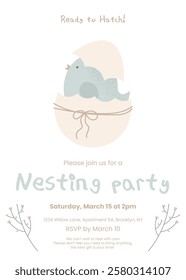 Nesting Party invitation card. Quiet meaningful invitation featuring baby bird emerging from its shell symbolizing renewal, nurture. Vector illustration pastel colors