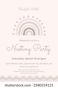 Nesting Party invitation card with rainbow. Vector illustration soft pastel colors