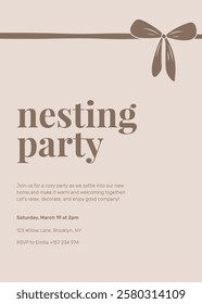 Nesting Party invitation card. Simple elegant design with bow and information text. Vector illustration pastel brown colors