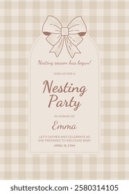 Nesting Party invitation flyer. Understated elegant design with soft fabric bow representing tenderness, connection and thoughtful gathering. Vector illustration pastel colors