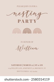 Nesting Party invitation poster with rainbows. Vector illustration pastel colors