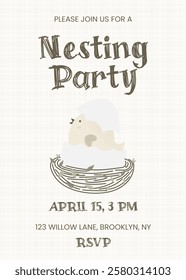 Nesting Party invitation. Quiet meaningful invitation featuring baby bird emerging from its symbolizing gentle new beginnings. Vector illustration pastel colors