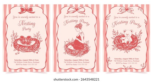Nesting party invitation set with hand-drawn vector illustrations. Featuring a pregnant woman in a nest, baby booties, framed with a bow and delicate branches. Suitable for baby shower designs