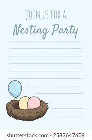 Nesting party. Invitation template for a boy. Editable layout for text. Vector illustration of a nest with colored eggs and balloons