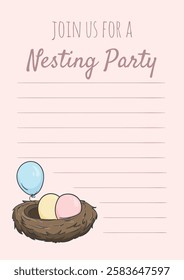 Nesting party. Invitation template for girls. Bright vector illustration of a nest with colored eggs and balloons.