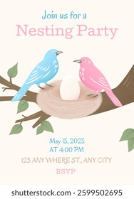 nesting party invitation,cute template with birds and nest with eggs