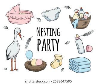 Nesting party. Items for newborns, children's things, stork, household chemicals. Set of vector elements for children's party design, stickers, banner, poster, children's book.