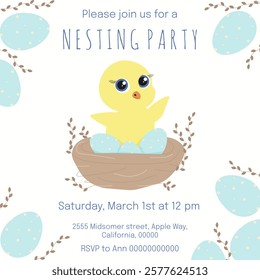 Nesting Party poster cover template design. Cute chicken in Nest. Perfect Nesting Party flyer background poster cover. Vector illustration. EPS 10