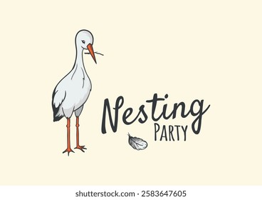 Nesting party. Poster template for children's party. Stork with a branch for a nest. Vector illustration for flyer, banner, invitation