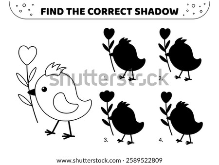 Nestling and flower. Find the correct shadow. Black and white. Shadow game. Isolated vector illustration eps 10