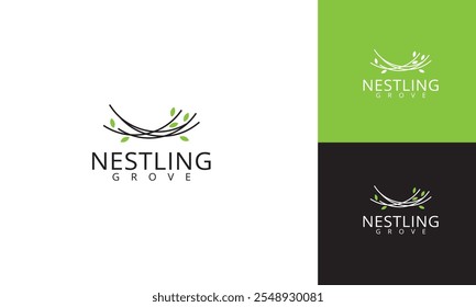 Logotipo de Nestling Grove: Nido Abstractas con hojas verdes y nombre de la empresa