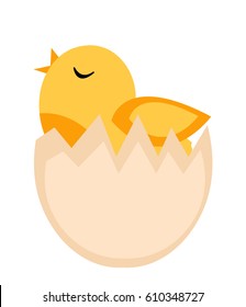 Nestling hatched from egg, yellow chicken icon, flat style. Isolated on white background. Vector illustration, clip-art
