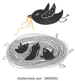 Nestlings in nest . Cartoon vector